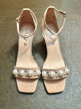 Unisa Nude Pearl-Stud Ankle-Strap Block Heels